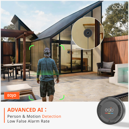 EOJO camera using advanced AI technology for person and motion detection with low false alarm rate. Image shows a person detected in front of a house, with EOJO camera mounted indoors monitoring through the window.