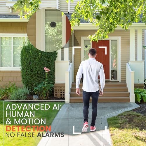 EOJO 2K 4MP Smart Window Camera using advanced AI for human and motion detection, ensuring no false alarms. Image shows a person approaching the house, with the camera detecting movement.