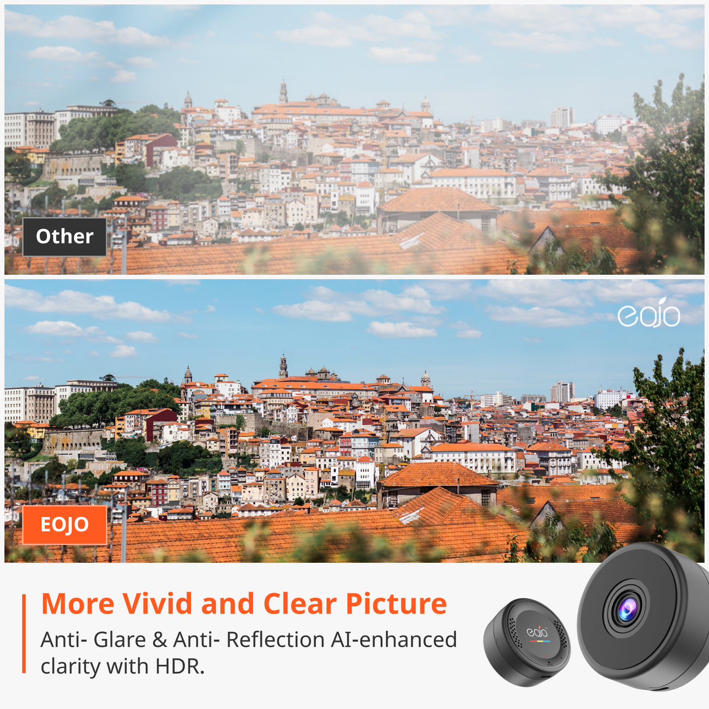 Comparison of EOJO's anti-glare and anti-reflection technology for a clearer, more vivid picture. The top image shows a hazy view with another camera, while the bottom image shows EOJO's crisp and vibrant image quality.