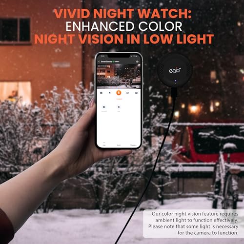 EOJO 2K 4MP Smart Window Camera displaying enhanced color night vision in low-light conditions via the EOJO app. The camera requires ambient light, such as street lights, to function effectively for night surveillance.